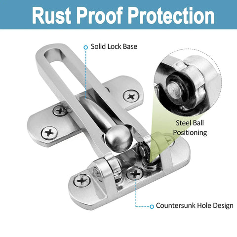 Sturdy Stainless Steel Door Lock Latch For Home And Hotel Security Built Tough With Chain SUS 304 Brushed Finish U Swing Front Door Lock Three Ball Positioning Design For Kid Safe And Easy Install Silver with solid lock base and steel ball positioning visible.