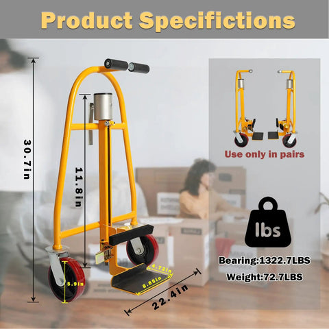 Two-Piece Manual Furniture Handling Equipment Set, Aluminum Heavy Duty Cart With 1320 Lb Load Capacity, dimensions and orange finish.