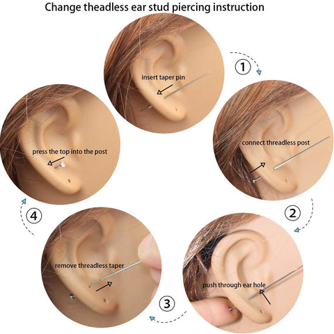 Steps to change threadless ear stud using Titanium Insertion Taper Pin Kit Three Pack 20G 18G 16G for piercing.