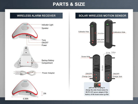 Diagram of Solar Wireless Driveway Alarm System with Half Mile Transmission Range showing parts and sizes, including alarm receiver and motion sensor.