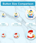 Button size comparison featuring 1 in, 1.25 in, and 2.25 in badges with cartoon characters and Santa design.
