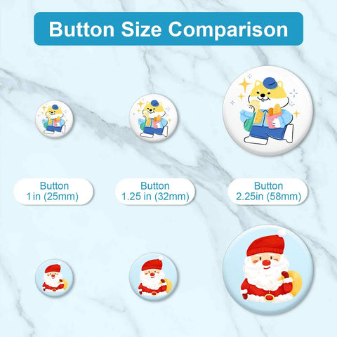 Button size comparison featuring 1 in, 1.25 in, and 2.25 in badges with cartoon characters and Santa design.