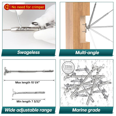 Swageless Cable Railing Kit For Wood Posts With One Eighth Inch Toggle Turnbuckles T316 Stainless Steel WoodEasy System 180 Degree Adjustable Stairs Deck Includes 10 Cables CR98 CL1 CA5
