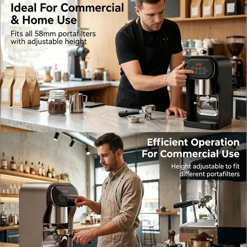 Robust 58 Mm Electric Coffee Tamper Providing Spot On Ten To Thirty Kilogram Pressure And Adjusted Timing Sequences For Bullseye Shots And Legit Barista Level Pulls At Home Or Shop In Bronze in use for commercial and home settings.