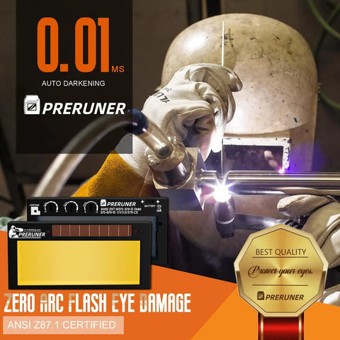 Worker using Auto Darkening Welding Lens With Gold Coating And Cool Blue Puddle View Shade Range Five To Thirteen Dual Sensors