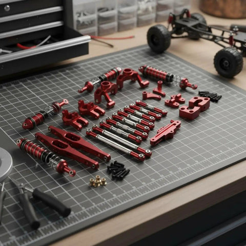 Sick Steel Steering Upgrade Linkage Set For Wltoys 12429 RC Car on workbench, featuring red steel parts and premium shock absorbers.