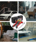 Collage featuring Floor Jack 2.5 Ton Hydraulic Low Profile Trolley Car Jack With Portable Storage Case And Lifting Range 3.5 To 14 Inches 360 Degree Swivel Casters Heavy Duty Steel Built Tough For Automotive Sedans Red with cars and outdoor scenes.
