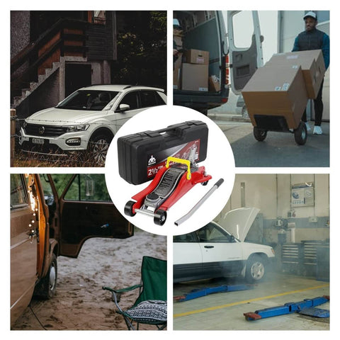 Collage featuring Floor Jack 2.5 Ton Hydraulic Low Profile Trolley Car Jack With Portable Storage Case And Lifting Range 3.5 To 14 Inches 360 Degree Swivel Casters Heavy Duty Steel Built Tough For Automotive Sedans Red with cars and outdoor scenes.