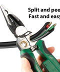 All In One Wire Stripper And Cable Cutter With Built In Voltage Tester For 12-250V AC DC Electrician Work Pliers Crimper Twister Splitting Tool Go-To For Electricians And DIY Enthusiasts Durable Steel Construction Comfortable Grip 8 In 1 Versatility being used to split a wire