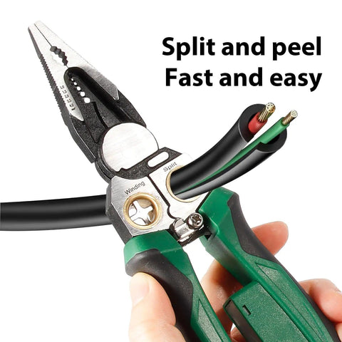 All In One Wire Stripper And Cable Cutter With Built In Voltage Tester For 12-250V AC DC Electrician Work Pliers Crimper Twister Splitting Tool Go-To For Electricians And DIY Enthusiasts Durable Steel Construction Comfortable Grip 8 In 1 Versatility being used to split a wire