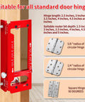Adjustable Door Hinge Jig For Jambs And Routers, Aluminum Alloy Hinge Template Kit Fits Door Hinges From Two Point Five To Five Inches, Radius One Quarter Inch Or Radius Five Eighths Inch, Red, Durable Router Template Tool For Precise Installations on display with hinge size options.