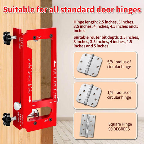Adjustable Door Hinge Jig For Jambs And Routers, Aluminum Alloy Hinge Template Kit Fits Door Hinges From Two Point Five To Five Inches, Radius One Quarter Inch Or Radius Five Eighths Inch, Red, Durable Router Template Tool For Precise Installations on display with hinge size options.