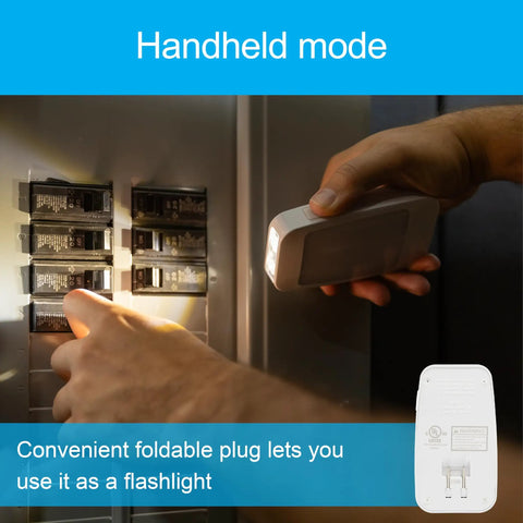 Hand using Four In One LED Power Failure Night Light With Dusk To Dawn Sensor Foldable Plug Portable Flashlight for storm outage.