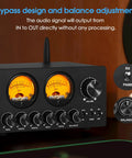 5 Band Bluetooth Equalizer Preamp For Home Stereo And Computer Speakers With VU Meter Dial In Tone Control Independent Op Amp Per Band For Precise Bass Mid And Treble Tuning On Any Amplifier, black metal front view with balance knob