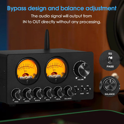5 Band Bluetooth Equalizer Preamp For Home Stereo And Computer Speakers With VU Meter Dial In Tone Control Independent Op Amp Per Band For Precise Bass Mid And Treble Tuning On Any Amplifier, black metal front view with balance knob