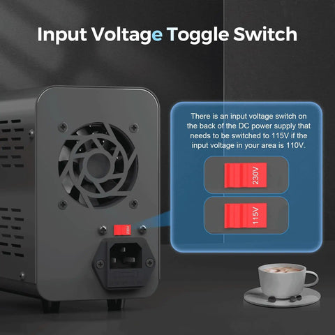 Rear view of Beefy Variable DC Power Supply showing input voltage toggle switch with 115V and 230V options