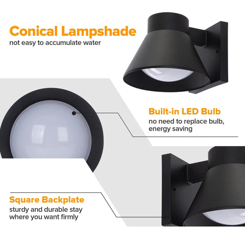 Two Pack Black LED Outdoor Wall Lights for Porch and Patio, Weatherproof Exterior Sconces with Rust Resistant Aluminum, conical shade