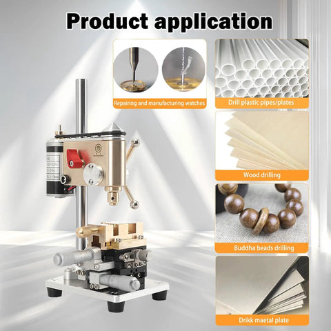 Essential Mini Benchtop Drill Press For Precision Watch Repair Work, showcasing versatility for watch repair and wood drilling applications.
