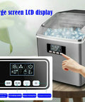 Portable Countertop Ice Maker Offers No Sweat Auto Cleaning And Straightforward Setup While Churning Out Rapid Ice Cubes Plus Whisper Quiet Runtime For Kitchen Home Or Bar Spaces with large LCD display and controls.