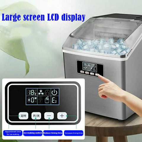 Portable Countertop Ice Maker Offers No Sweat Auto Cleaning And Straightforward Setup While Churning Out Rapid Ice Cubes Plus Whisper Quiet Runtime For Kitchen Home Or Bar Spaces with large LCD display and controls.