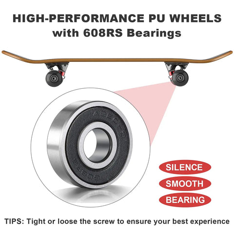 608RS bearings illustration on skateboard with 4 Pack 52mm Skateboard Wheels With Bearings 95A Hardness Durable Street Trick Wheels for Street Skating Longboard Cruiser Set Rebound Quiet Smooth Rolling