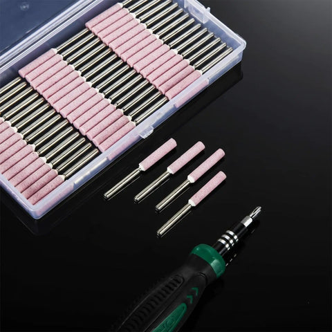 50 Pcs Chainsaw Sharpener Bits With Box Set For Chain Saw Maintenance, Grinding Burr Stones And File Polishing Tool displayed