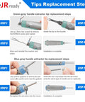 Instructions for tip replacement on 20 Piece Pin Removal Tool Kit for Electrical Connectors, showing extraction steps and tools.