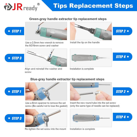 Instructions for tip replacement on 20 Piece Pin Removal Tool Kit for Electrical Connectors, showing extraction steps and tools.