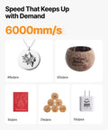 Product grid of laser-engraved gifts: round silver pendant, wooden bowl, red Christmas card, wooden discs, white mug.