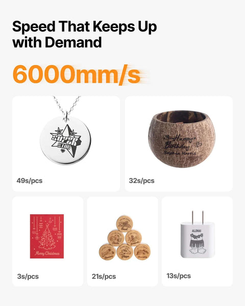 Product grid of laser-engraved gifts: round silver pendant, wooden bowl, red Christmas card, wooden discs, white mug.