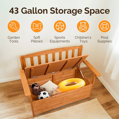 Open cedar storage bench showing 41-gallon space with garden tools, pillows, toys. Outdoor Storage Bench With Seating For Two Weatherproof Cedar Wood Deck Box Loveseat 2 Person Patio Bench With Storage Waterproof Slats Durable Garden Entryway Bench For Backyard And Porch