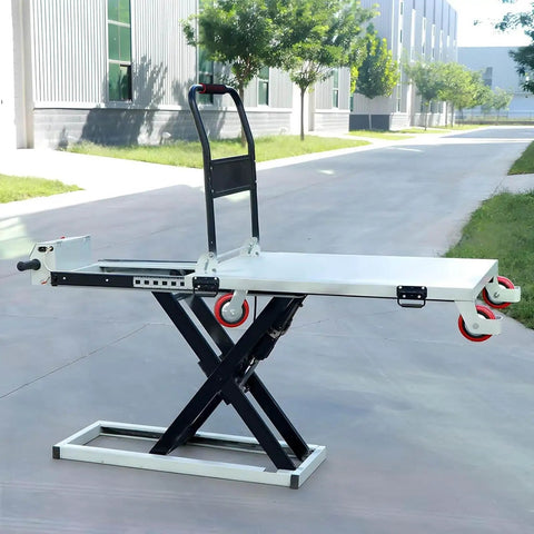 Powerhouse Electric Lift Table Cart With Hydraulic Motorized Platform handles 1100 lbs, shown outdoors with adjustable height.