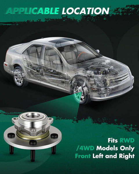 Front Wheel Hub Bearing Assembly For Dodge Ram 1500 2002-2008 5 Lug Front Replacement Built To Last With Heavy Duty Sealed Bearing And Precision Fitment For 2 Wheel ABS Or Non ABS Systems 515072 displayed with vehicle diagram showing installation location.