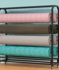 Heavy Duty Steel Textile Storage Rack with four fabric rolls in various colors, designed for organizing wallpaper and window film.