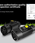 Type 1 To Type 2 EV Charging Adapter 32A 7KW SAE J1772 To IEC 62196 Converter with certificate display.