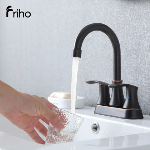 Lead Free Centerset Modern Two Handle Oil Rubbed Bronze Bathroom Faucet 3 Hole 4 Inch Vanity For RV And Home Includes Drain Stopper