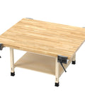 Solid Heavy Duty Student Workshop Table With Four Built In Bench Vises And Spacious Lower Shelf, Light Hardwood Working Platform, Chemical Resistant Finish, No Nonsense Classroom Trade Desk Built Tough For Hands On Learning, featuring maple hardwood top and black vises.