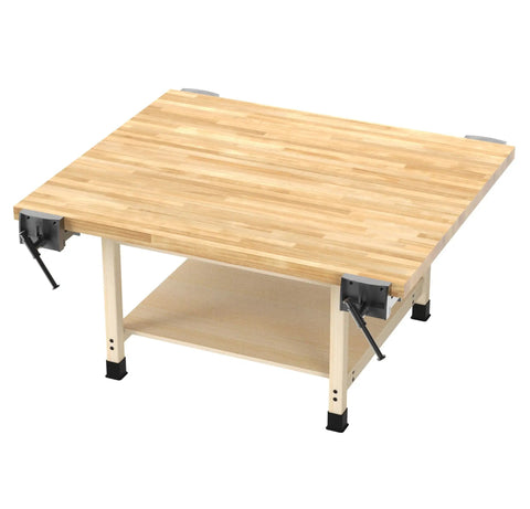 Solid Heavy Duty Student Workshop Table With Four Built In Bench Vises And Spacious Lower Shelf, Light Hardwood Working Platform, Chemical Resistant Finish, No Nonsense Classroom Trade Desk Built Tough For Hands On Learning, featuring maple hardwood top and black vises.