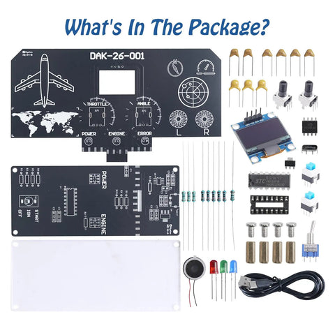Straight Up DIY Flight Simulator Soldering Kit With Interactive LCD Display, components in package including PCBs and sensors.