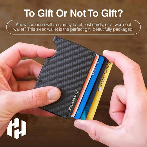 Person holding Slim RFID Blocking Metal Wallet For Men With Money Clip Minimalist Front Pocket Card Holder Ultra Compact Mens Wallet No Bulk Everyday Carry For Cards And Cash.