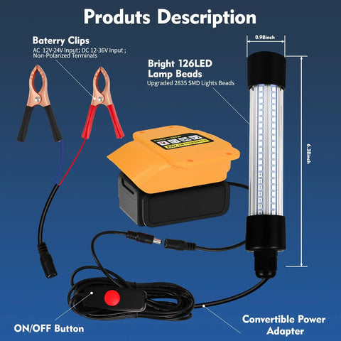 IP68 Underwater Fishing Light For Night Fishing Compatible With 20V Battery And 12-24V DC Power 1300 Lumen 13W 16Ft Cable Saltwater Ready