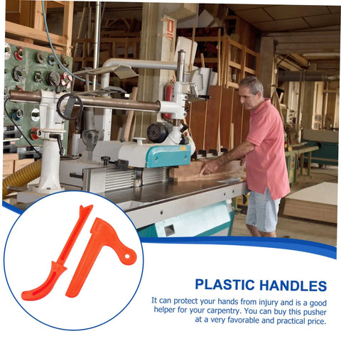 Heavy Duty Woodworking Push Blocks 2 Pack Table Saw Safety Sticks Non Slip Carpenter Push Tool with plastic handles on a workbench.