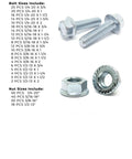 Grade 5 Serrated Hex Cap Flange Bolt And Nut Assortment Set 348 Pieces In Beefy Heavy Duty Zinc Clear Finish with bolt sizes shown