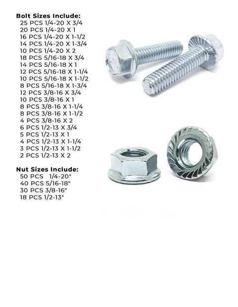 Grade 5 Serrated Hex Cap Flange Bolt And Nut Assortment Set 348 Pieces In Beefy Heavy Duty Zinc Clear Finish with bolt sizes shown
