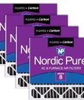 Four-pack of Nordic Pure pleated carbon 20x20x5 furnace filters, displaying labels for MERV 8 efficiency and carbon odor control.