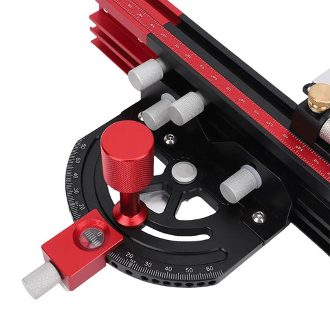 Tough Table Saw Miter Guide With 13 Positive Angle Stops and Adjustable Backing Blocks, featuring precise angle readouts and heavy-duty materials.