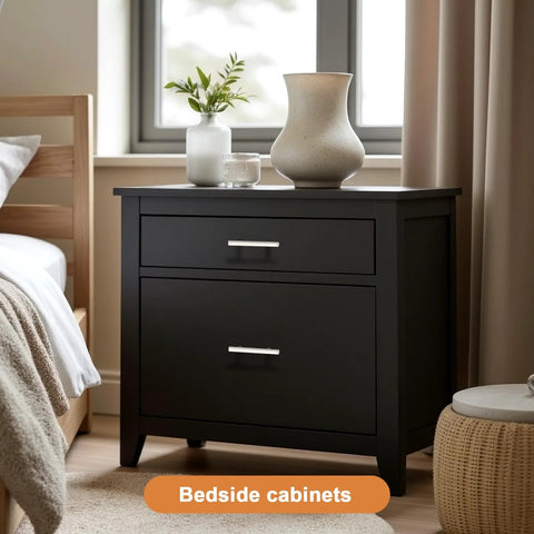 Black bedside cabinet with 20 Pack White Kitchen Cabinet Pulls 3-3/4 Inch Euro Style T Bar Handles, bedroom setting.