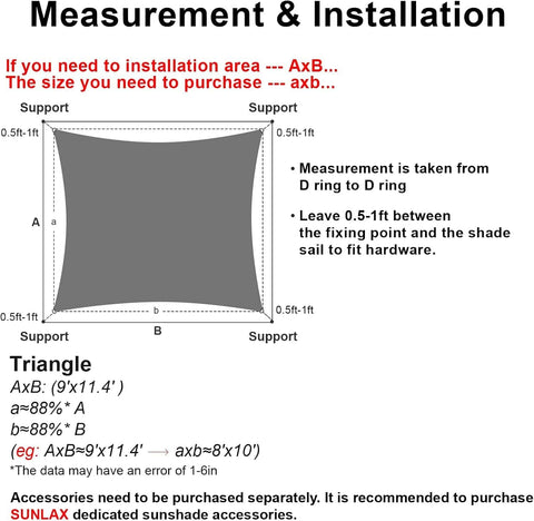 Measurement guide for Sun Shade Sail 8x10 Foot Sand Rectangle Canopy Shade Cover installation