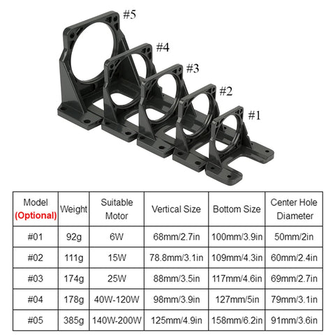 Set of black mini stepper motor mounting bracket with size chart, ideal for secure motor installation and DIY projects.