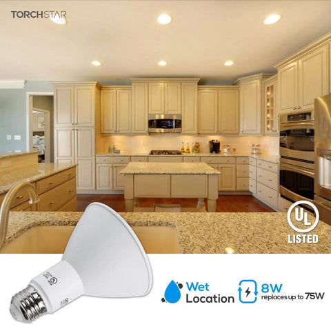 8W Equivalent PAR30 LED Bulbs 75W Replacement CRI 90 Plus Dimmable Flood Light Bulbs 800 LM Long Neck kitchen demo